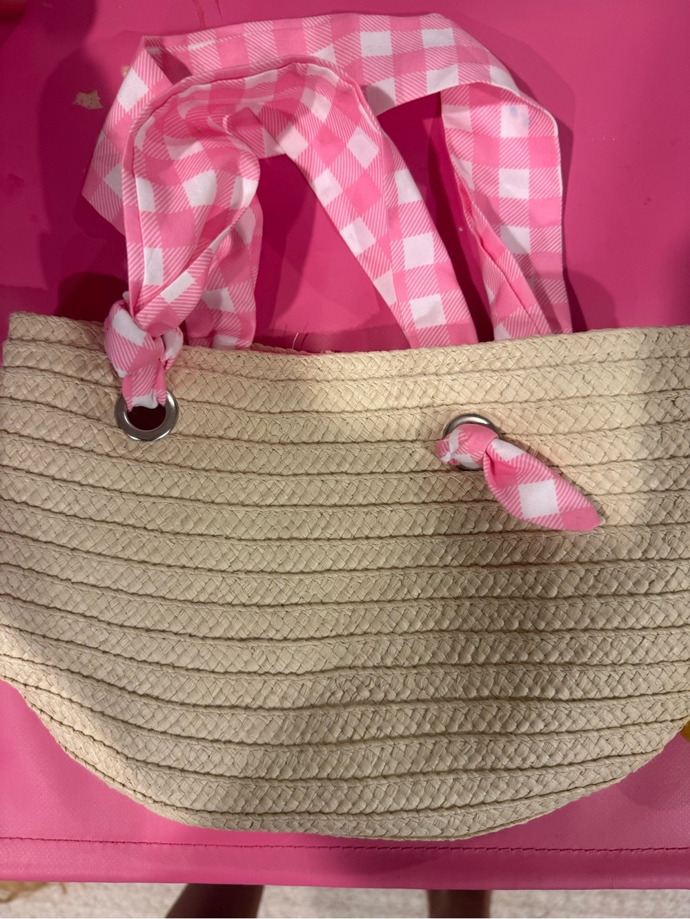 Jessica Simpson Pink Gingham-Handled Cream Straw Tote
